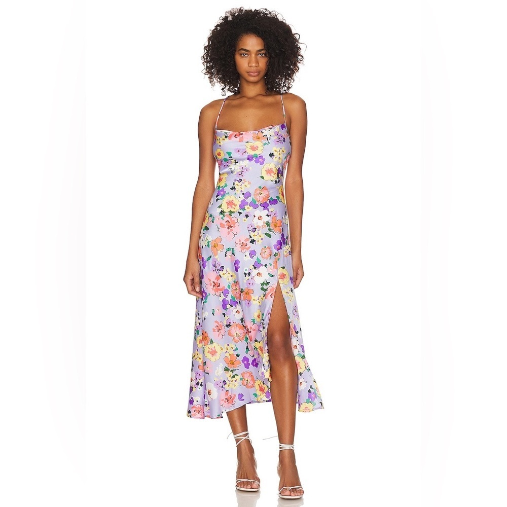 ASTR Gaia Draped Collar Satin Midi Dress in Periwinkle Floral Size Small NWT - Picture 10 of 13
